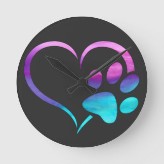 Relógio Redondo Purple Cyan Dog paw Print Heart 
