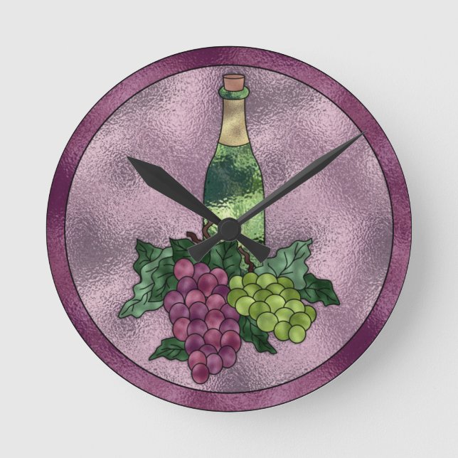 Relógio Redondo Purple Green Faux Stained Glass Wine and Grapes (Frente)
