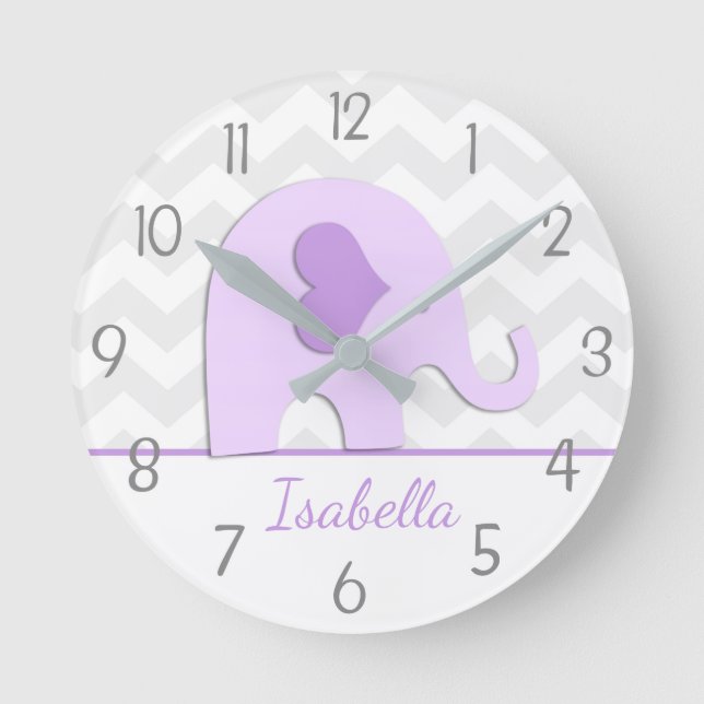 Relógio Redondo Purple Grey Elephant Nursery Wall Clock (Frente)