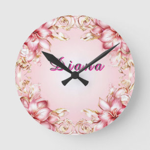 Relógio Redondo Quadro Floral Elegante com Designs Lily Rosa