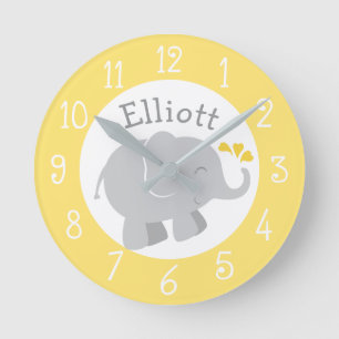 Relógio Redondo Quarto de Bebê Moderno Amarelo e Cinza com Elefant
