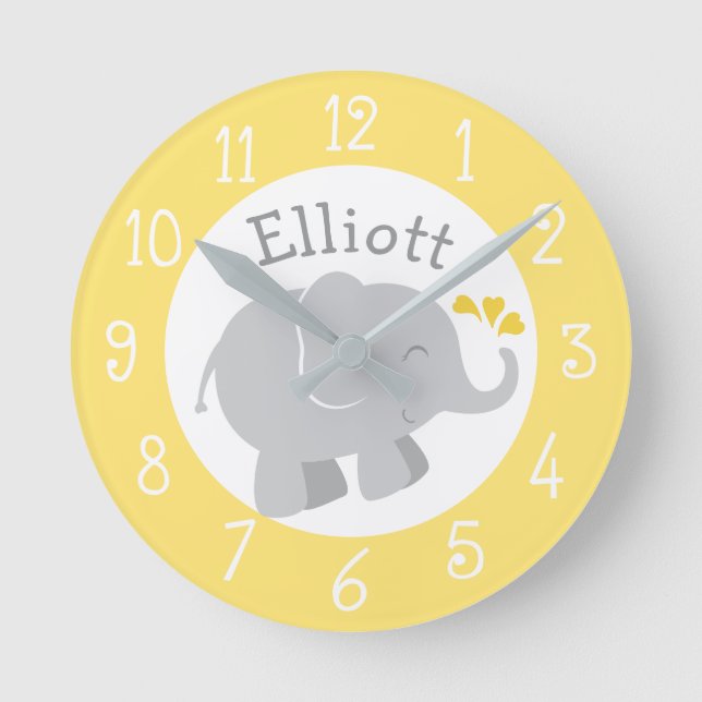 Relógio Redondo Quarto de Bebê Moderno Amarelo e Cinza com Elefant (Frente)