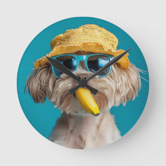 Relógio Redondo Quirky Dog Wall Clock with Sunglasses, Hat, and Ba