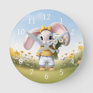 Relógio Redondo Rabbit holding bouquet of white daisies