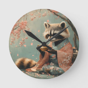 Relógio Redondo Raccoon Buddha: Chá Pacífico Sob Árvore Cerejeira