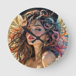 Relógio Redondo Radiação Celestial - Retrato Anjo Asas Arco-Íris