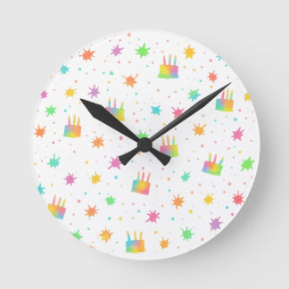 Relógio Redondo Rainbow Watercolor Birthday Cake Colorful Paint