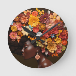 Relógio Redondo Rainha Negra Melanina Mulheres 3D Flor Afro