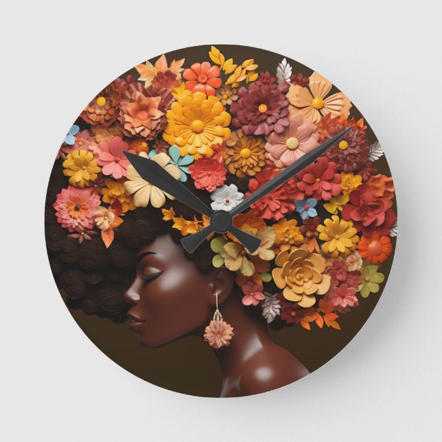 Relógio Redondo Rainha Negra Melanina Mulheres 3D Flor Afro (Frente)