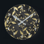 Relógio Redondo Ramais Botânicos Modernos Negros e Dourados<br><div class="desc">Personalizar com qualquer texto.</div>
