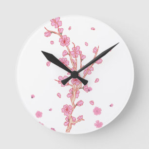 Relógio Redondo Ramo de Sakura Flor de Cerejeira Rosa Arte