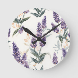 Relógio Redondo Ramos de Lavanda Aquarela Botânica Floral Roxa