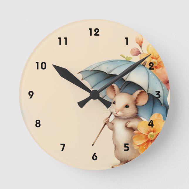 Relógio Redondo Rato azul guarda-chuva laranja flores velhas vinta (Frente)