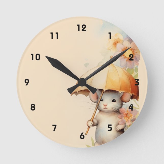 Relógio Redondo Rato com fundo d'água do guarda-chuva amarelo (Frente)