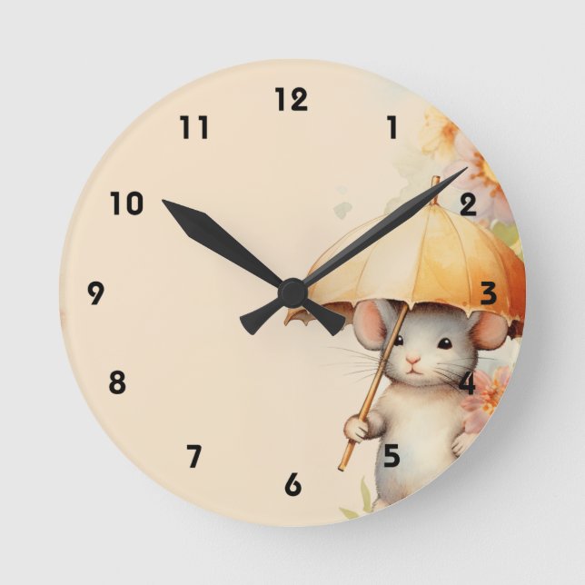 Relógio Redondo Rato com fundo d'água do guarda-chuva amarelo (Frente)