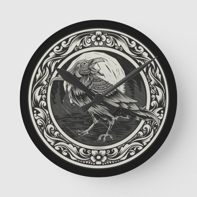 Relógio Redondo Raven Medallion Carving Art Bird Nature (Frente)