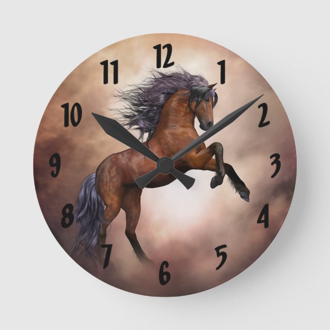Relógio Redondo Rearing Bay Horse Round Wall Clock (Frente)