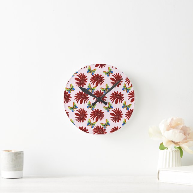 Relógio Redondo Red Floral Butterfly Pattern | Bold Daisy Flower A (Lar)