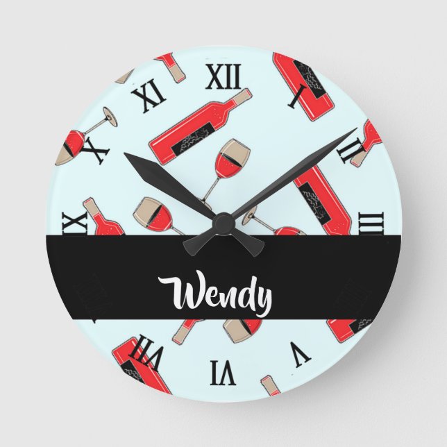 Relógio Redondo Red wine bottles and glasses pattern (Frente)