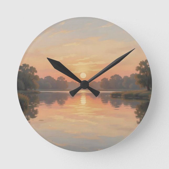 Relógio Redondo Reflexo do Lago na Hora Dourada Impressionista (Frente)