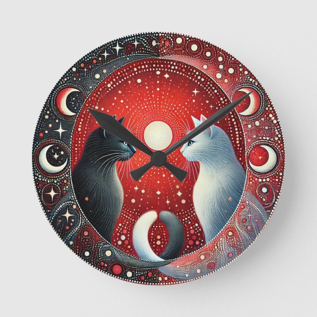 Relógio Redondo Representação Artística de Gatos Yin e Yang (Frente)