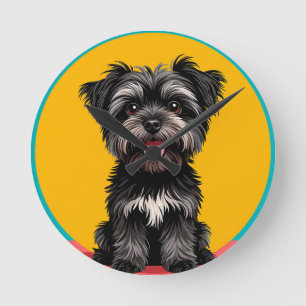 Relógio Redondo Retrato de Cachorrinho Terrier Preto e Cinza Diver