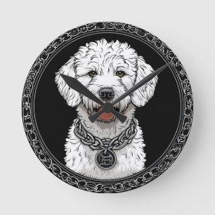 Relógio Redondo Retrato de Cachorro Branco com Coleira de Cadeia