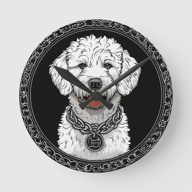 Relógio Redondo Retrato de Cachorro Branco com Coleira de Cadeia (Frente)