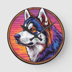 Relógio Redondo Retrato de Cachorro com Fundo Inspirado em Mosaico