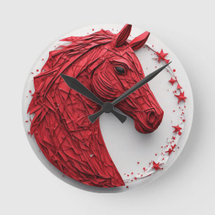 Relógio Redondo Retrato de Cavalo Geométrico em Vermelho e Branco 