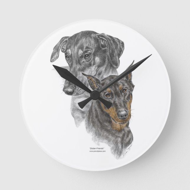 Relógio Redondo Retrato de Dois Dobermans (Frente)