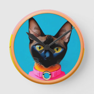 Relógio Redondo Retrato de Gato Estilizado com Cores Ousadas