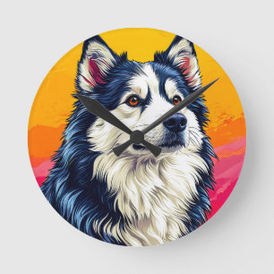 Relógio Redondo Retrato de Husky Elegante com Pôr do Sol Vibrante