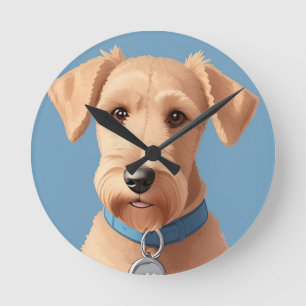 Relógio Redondo Retrato de um Cachorro Fofo Usando uma Coleira Azu