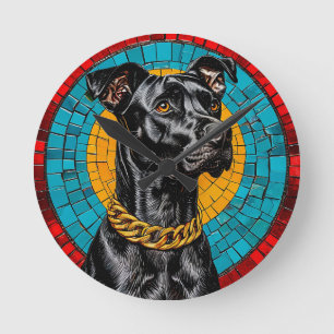 Relógio Redondo Retrato em Mosaico de um Cão Preto