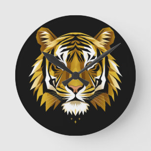 Relógio Redondo Retrato Ousado de Tigre Geométrico com Dourado Abs
