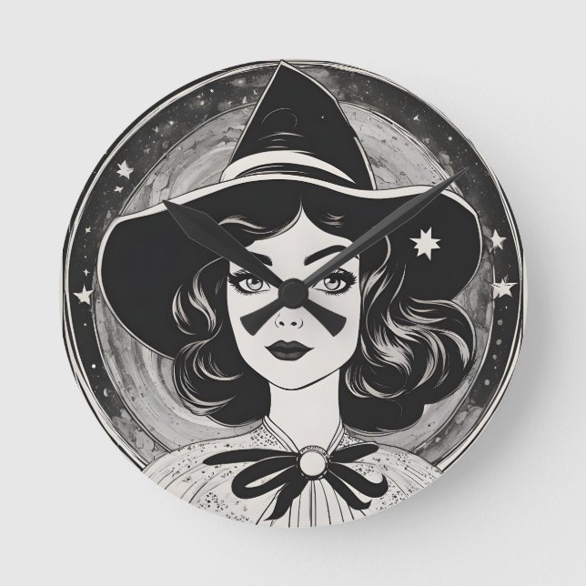 Relógio Redondo Retrato preto e branco de bruxa-safra (Frente)