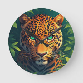 Relógio Redondo Retrato Vibrante de Leopardo com Olhos Esmeralda