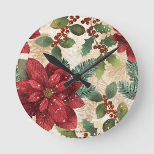 Relógio Redondo Retro 50s Poinsettia Vermelho Verde Creme