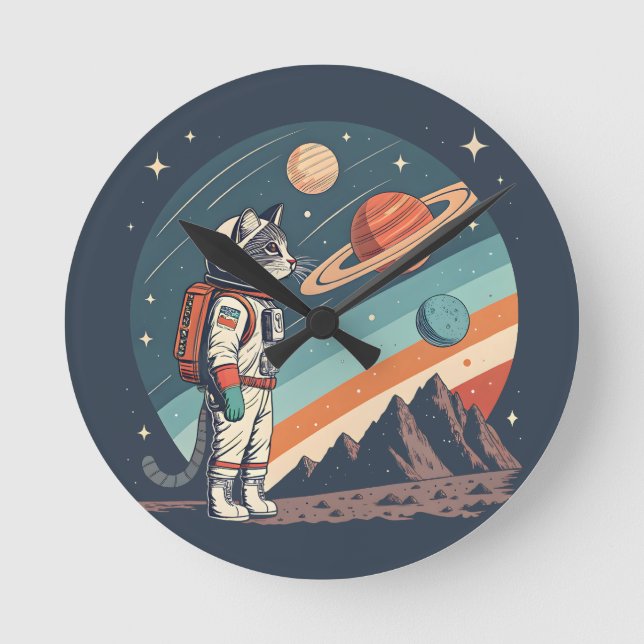 Relógio Redondo Retro Cat Astronaut Cosmic Space Illustration (Frente)
