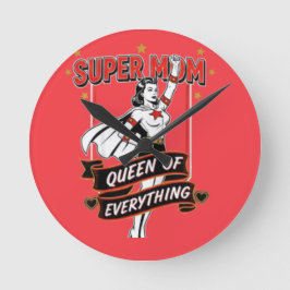 Relógio Redondo Retro Super Mom Queen of Everything Art Tee