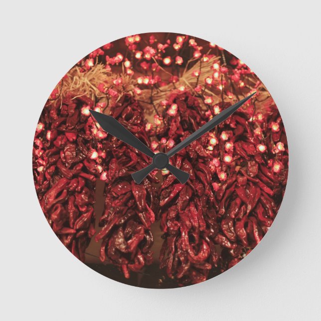 Relógio Redondo Ristras de chili com luzes de Natal (Frente)