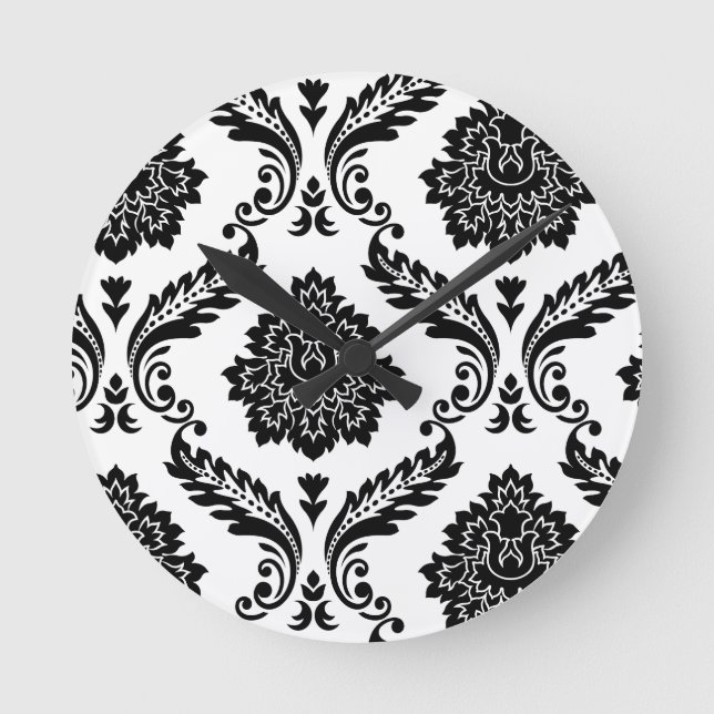 Relógio Redondo Rococo Damask Off-Set Pattern Black on White (Frente)