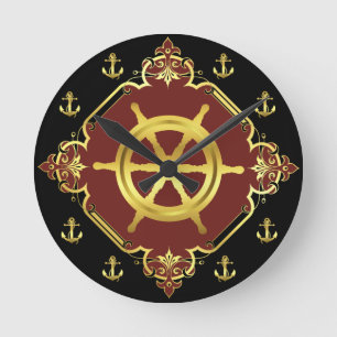 Relógio Redondo Roda/âncoras/ouro/preto/vermelho