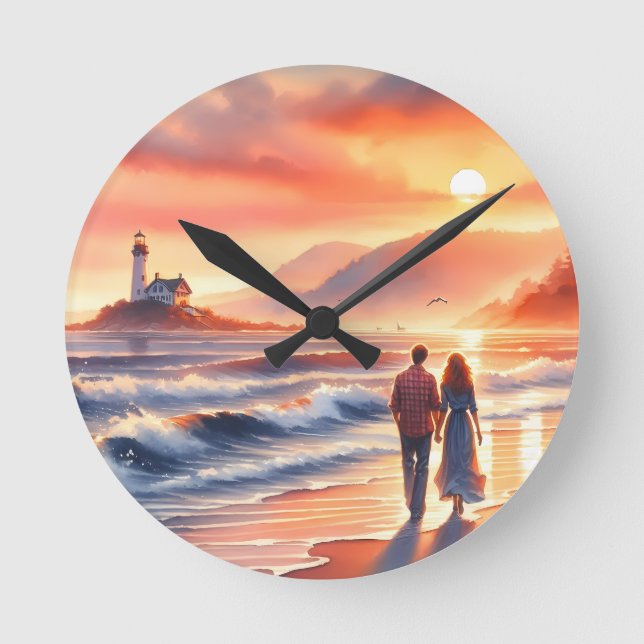 Relógio Redondo Romantic Coastal Sunset Lighthouse Walk (Frente)