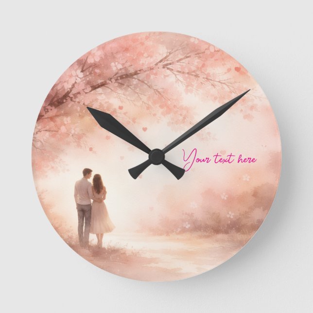 Relógio Redondo Romantic Couple Clock – Custom Text Wall Art (Frente)