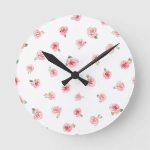 Relógio Redondo Rosa Bebê Rosa Aguarela Floral Vintage Rosa Branco