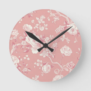 Relógio Redondo Rosa Bege Toile Floral Padrão de Rosa Vintage