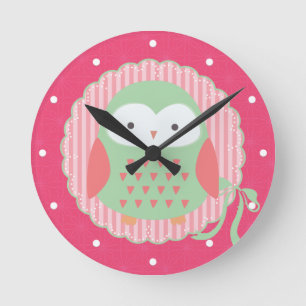 Relógio Redondo Rosa bonito retro da coruja & feminino verde