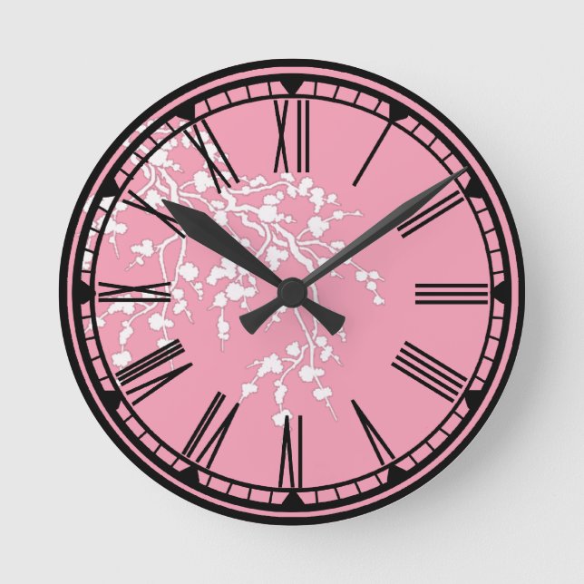 Relógio Redondo Rosa com Cherry Blossoms Wall Clock (Frente)